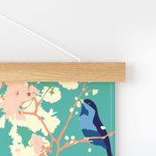 Birds and Blossoms in Aqua // Modern Japanese floral pattern by Zoe Charlotte