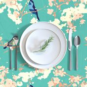 Birds and Blossoms in Aqua // Modern Japanese floral pattern by Zoe Charlotte