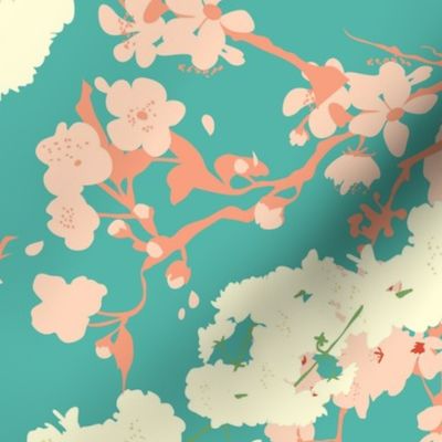 Birds and Blossoms in Aqua // Modern Japanese floral pattern by Zoe Charlotte