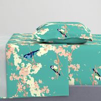 Birds and Blossoms in Aqua // Modern Japanese floral pattern by Zoe Charlotte