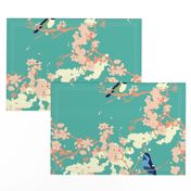 Birds and Blossoms in Aqua // Modern Japanese floral pattern by Zoe Charlotte