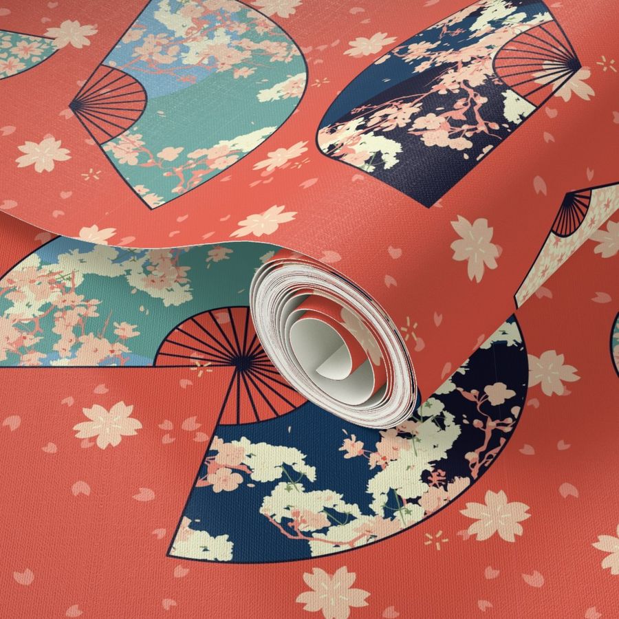 Fan Dance in Vermillion // Modern Japanese floral pattern by Zoe Charlotte