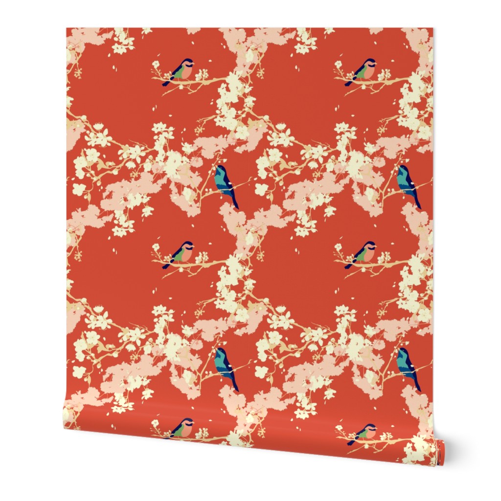 Birds and Blossoms in Vermillion // Modern Japanese floral pattern by Zoe Charlotte