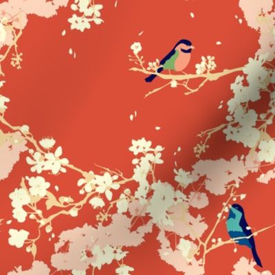 Birds and Blossoms in Vermillion // Modern Japanese floral pattern by Zoe Charlotte