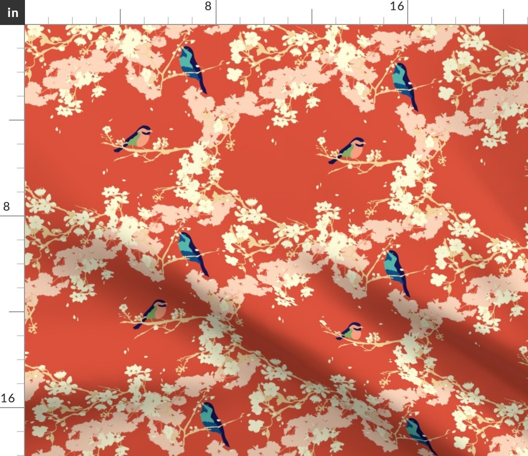 Birds and Blossoms in Vermillion // Modern Japanese floral pattern by Zoe Charlotte