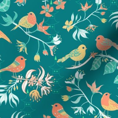 Birds and Blossom Teal