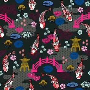 koi garden // pagoda kimono Japanese woodcut koi fish lily water design