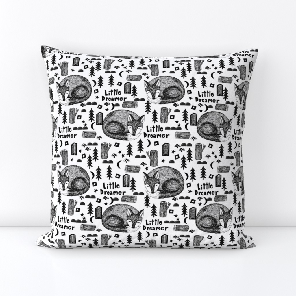 little dream // black and white sleeping fox cute baby nursery sweet black and white stars moon camping woodland fox