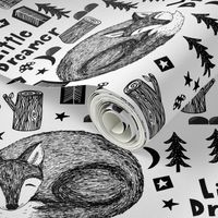 little dream // black and white sleeping fox cute baby nursery sweet black and white stars moon camping woodland fox