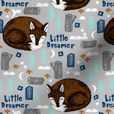 little dreamer // sleeping fox grey cute camping forest woodland sleeping kids design