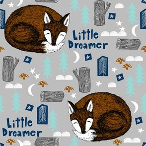 little dreamer // sleeping fox grey cute camping forest woodland sleeping kids design