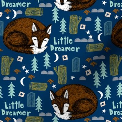 little dreamer // sleeping fox navy blue cute kids camping forest woodland bear cute design