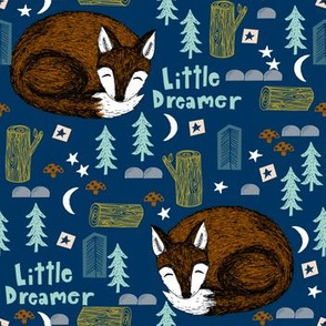 little dreamer // sleeping fox navy blue cute kids camping forest woodland bear cute design