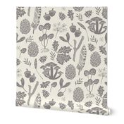 nature walk // grey and cream leaves block print linocut pinecones acorns leaves leaf autumn fall nature outdoors