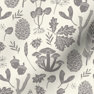 nature walk // grey and cream leaves block print linocut pinecones acorns leaves leaf autumn fall nature outdoors