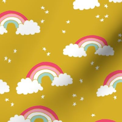rainbow // rainbows mustard yellow pink sky stars girls 
