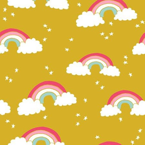 rainbow // rainbows mustard yellow pink sky stars girls 