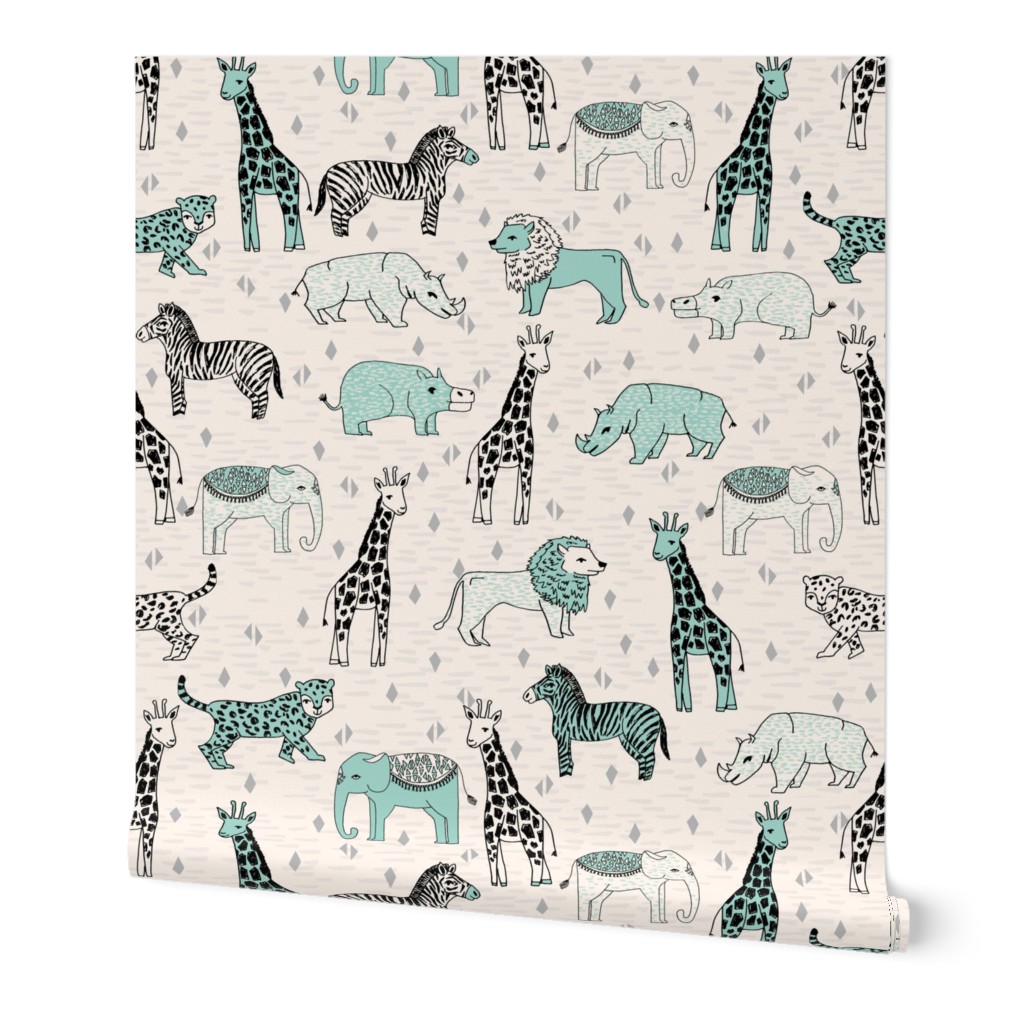 jungle // cream and mint kids grey safari animals jungle giraffe lion rhinos