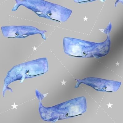 Purple Watercolor Whales on Grey with Stars