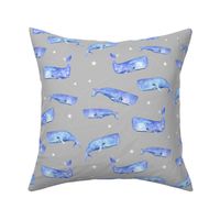 Purple Watercolor Whales on Grey with Stars