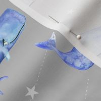 Purple Watercolor Whales on Grey with Stars