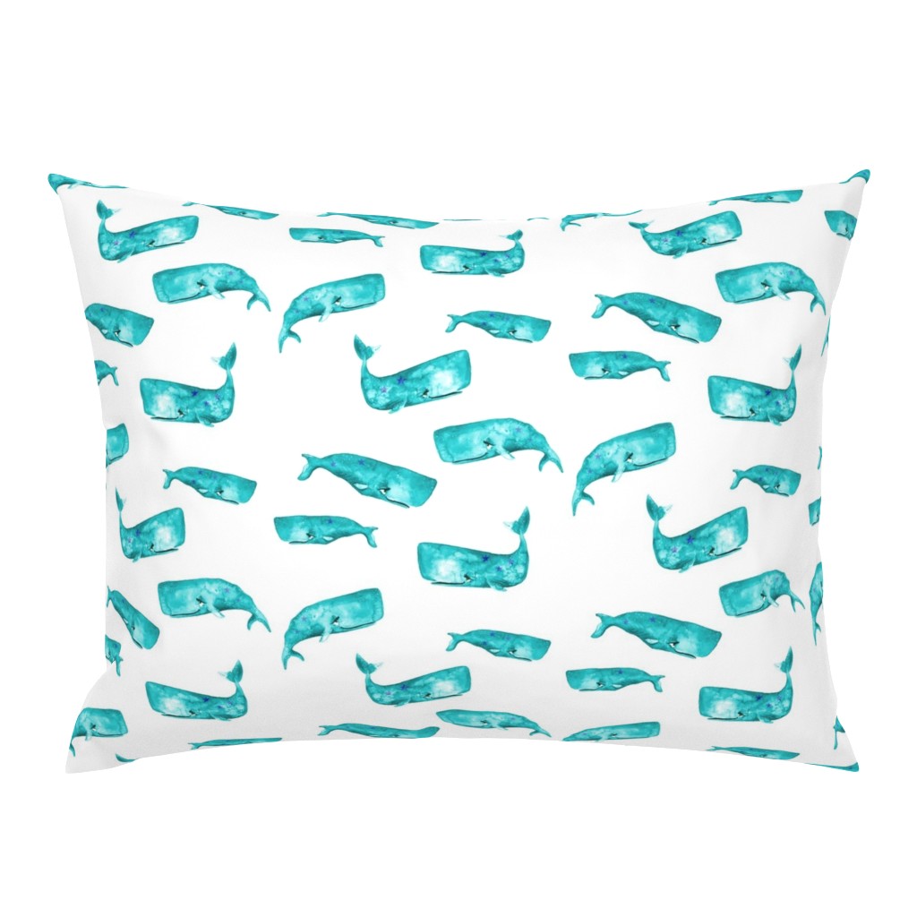 Teal Watercolor Whales on White