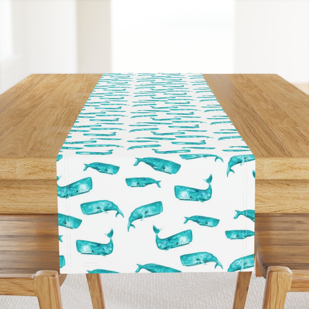 Teal Watercolor Whales on White