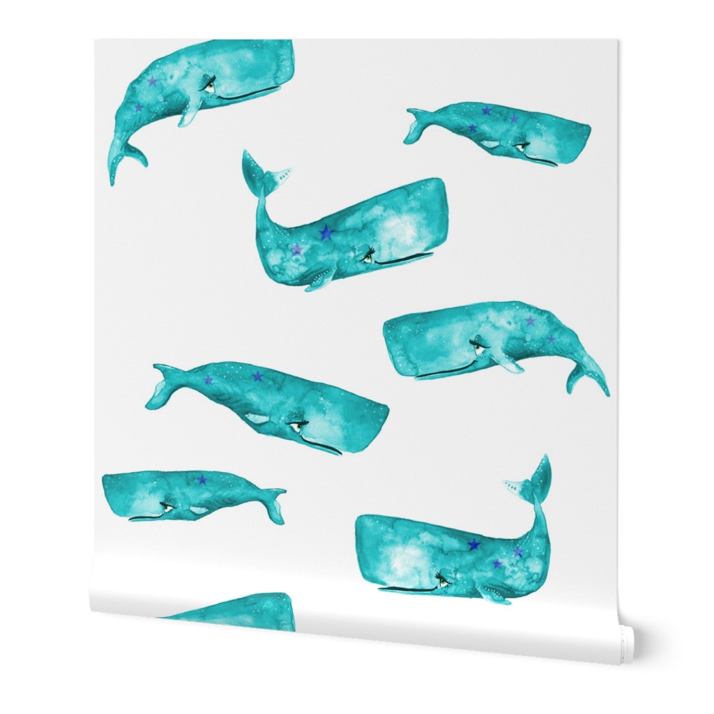 Teal Watercolor Whales on White