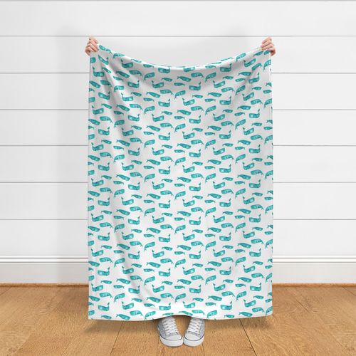 Teal Watercolor Whales on White