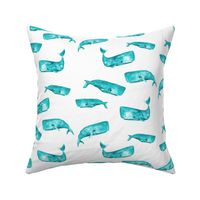 Teal Watercolor Whales on White