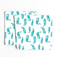 Teal Watercolor Whales on White