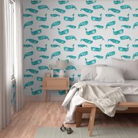 Teal Watercolor Whales on White