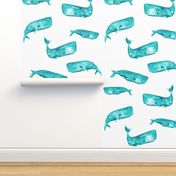 Teal Watercolor Whales on White