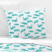 Teal Watercolor Whales on White