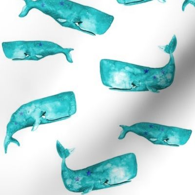 Teal Watercolor Whales on White