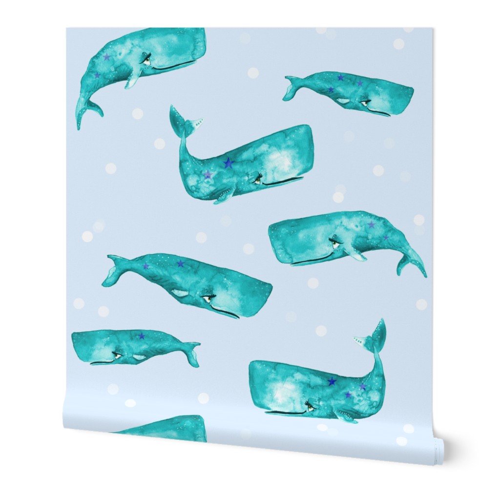 Teal Watercolor Whales on Blue with Bubbles