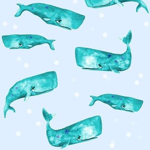 Teal Watercolor Whales on Blue with Bubbles