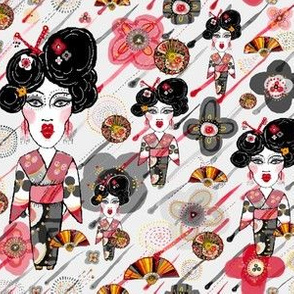 Geisha in the Garden, large scale, gray red black