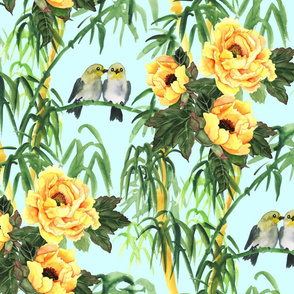 Yellow Peony, Bamboo and Birds