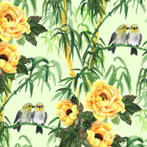 Birds, Yellow Pions and Bamboo