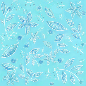 Light blue flowers and leaves with white details, nautical, summer fresh design