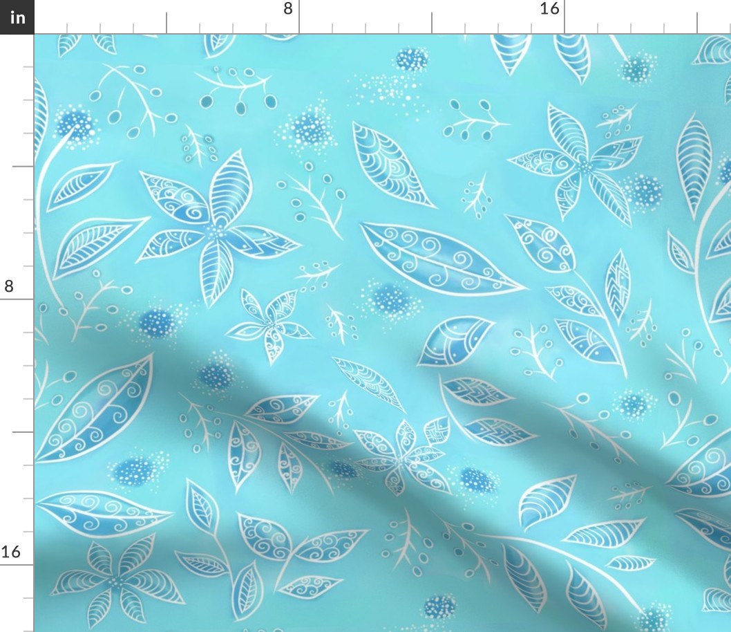 Light blue flowers and leaves with white details, nautical, summer fresh design