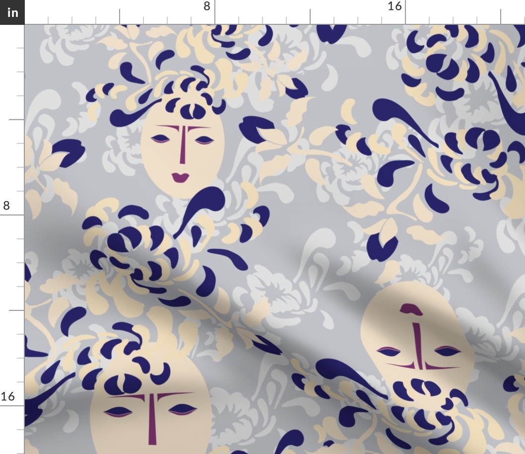 16-16AR Floral Japan Face Gray Blue Cream Plum Purple Blue || Large Scale Female Face Cream_Miss Chiff Designs