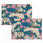 Japanese garden cranes on blue