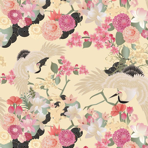 Japanese garden cranes on cream 