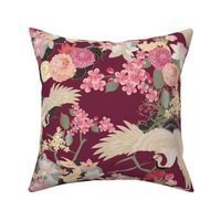 Japanese garden cranes on wine red