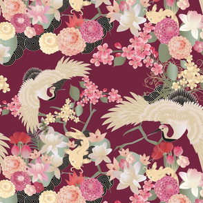 Japanese garden cranes on wine red