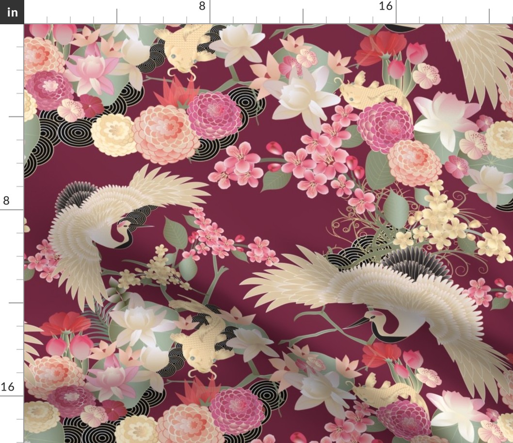 Japanese garden cranes on wine red