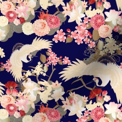 Japanese garden cranes navy blue