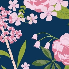 Japanese-Flower-Garden pink and navy bamboo cherry blossoms